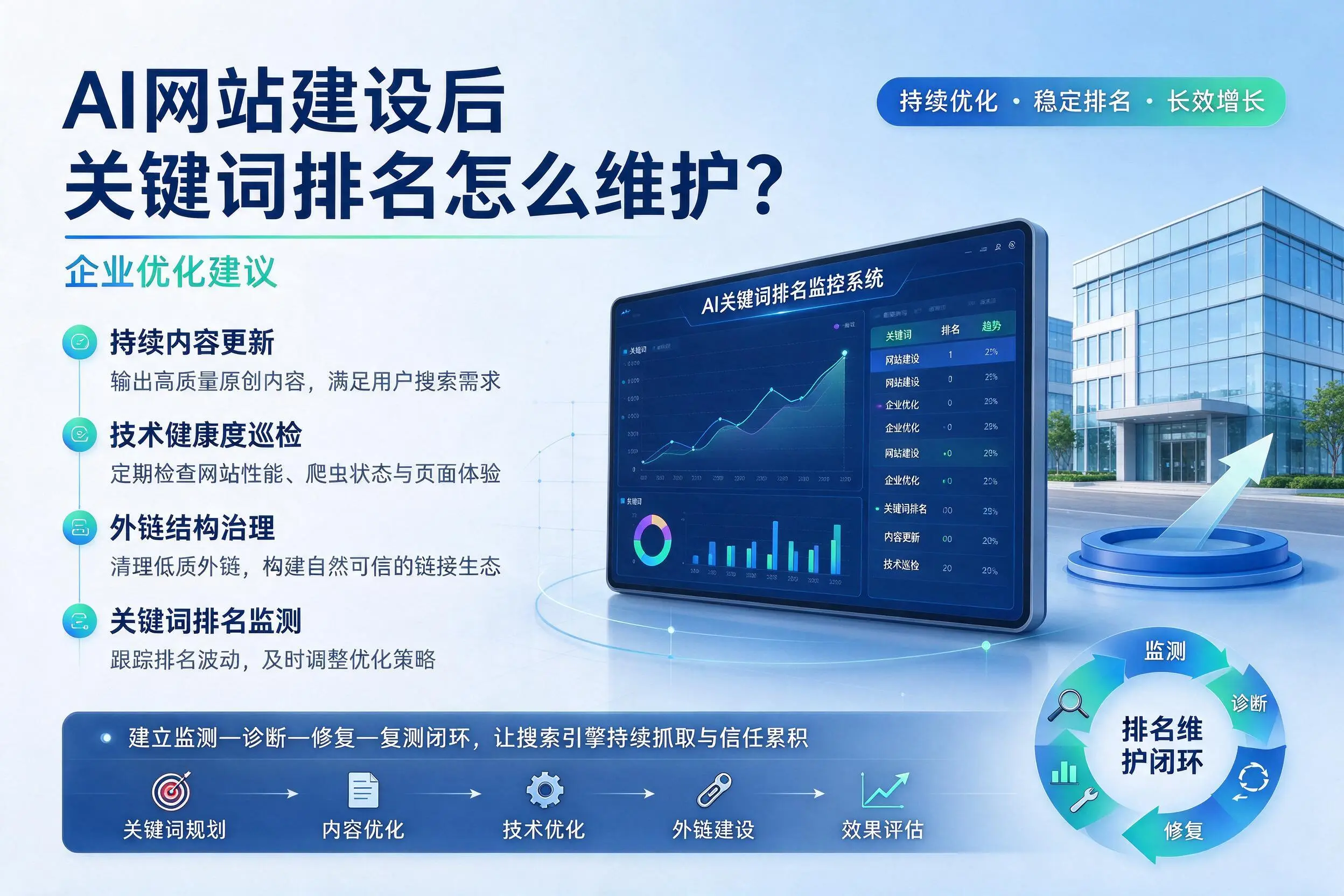 AI网站建设后关键词排名怎么维护?黔南企业优化建议
